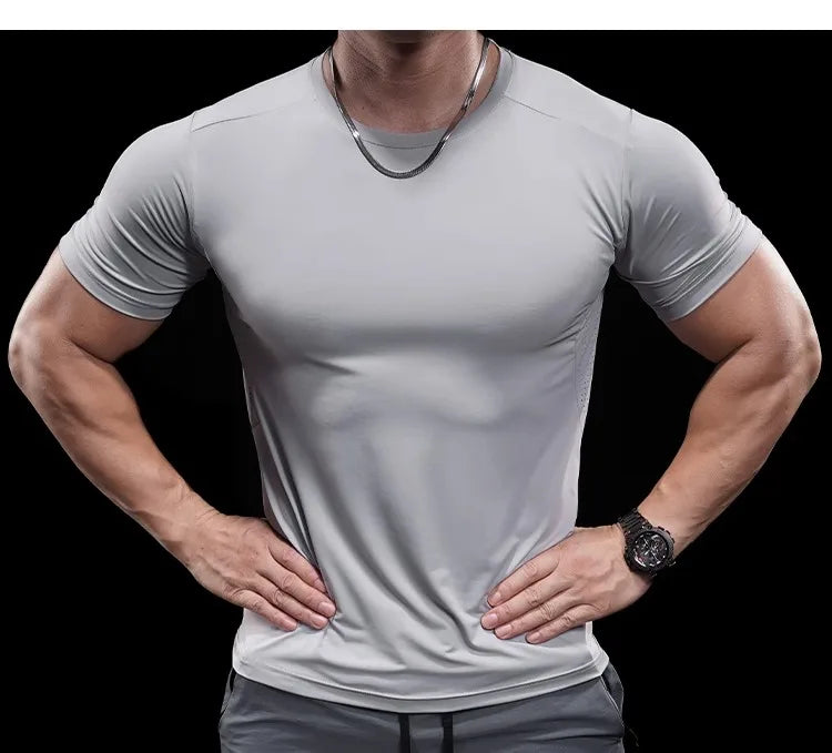 Summer New Basketball Men's Running Training Sports Gym Fitness High Elastic Quick-drying Casual Short-sleeved T-shirt Tops