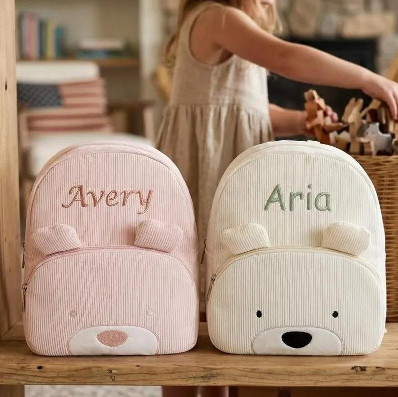 Customized Name Toddler Backpack Cartoon Bear Corduroy Large Capacity Backpack Embroidered Name Backpack Plush Bag