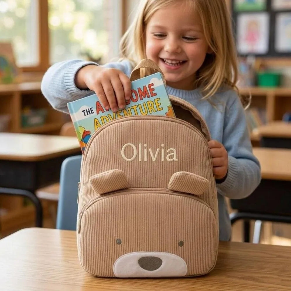 Customized Name Toddler Backpack Cartoon Bear Corduroy Large Capacity Backpack Embroidered Name Backpack Plush Bag