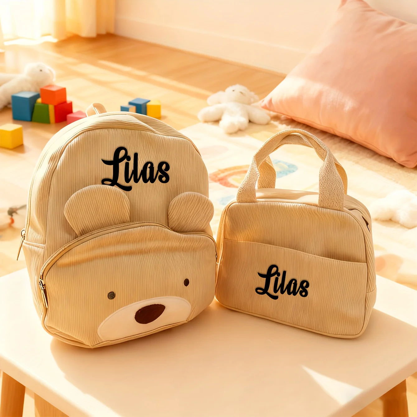 Customized Name Backpacks & Lunch Bag Embroidered Text Adorable Bear Schoolbag Portable for Boys & Girls Great for School Outdo