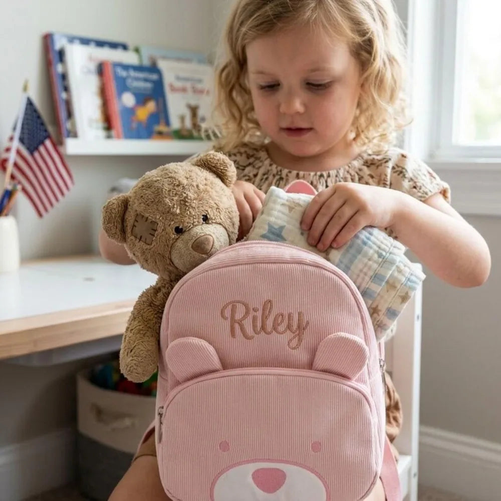 Customized Name Toddler Backpack Cartoon Bear Corduroy Large Capacity Backpack Embroidered Name Backpack Plush Bag