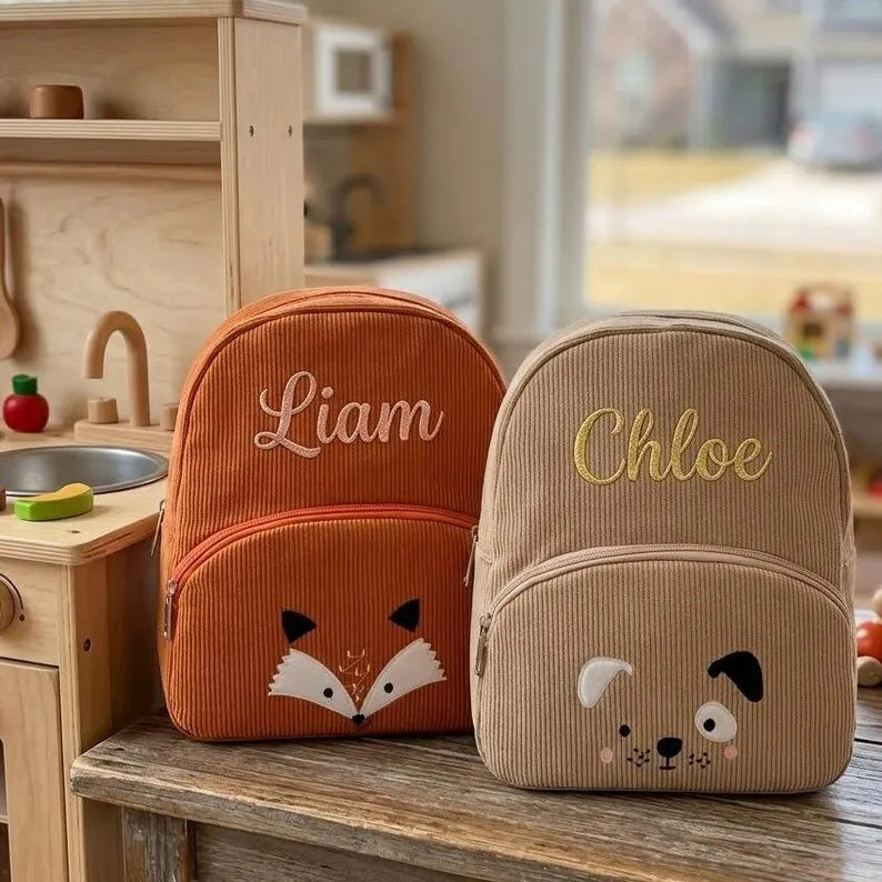Customized Name Toddler Backpack Cartoon Bear Corduroy Large Capacity Backpack Embroidered Name Backpack Plush Bag