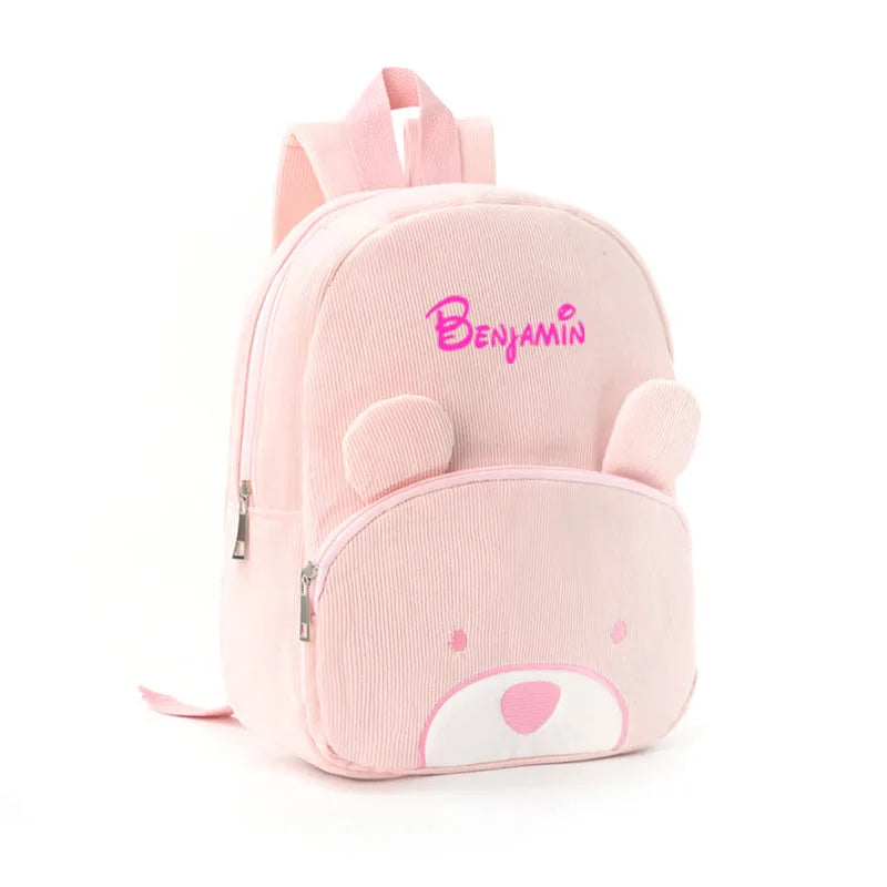 Customized Name Toddler Backpack Cartoon Bear Corduroy Large Capacity Backpack Embroidered Name Backpack Plush Bag