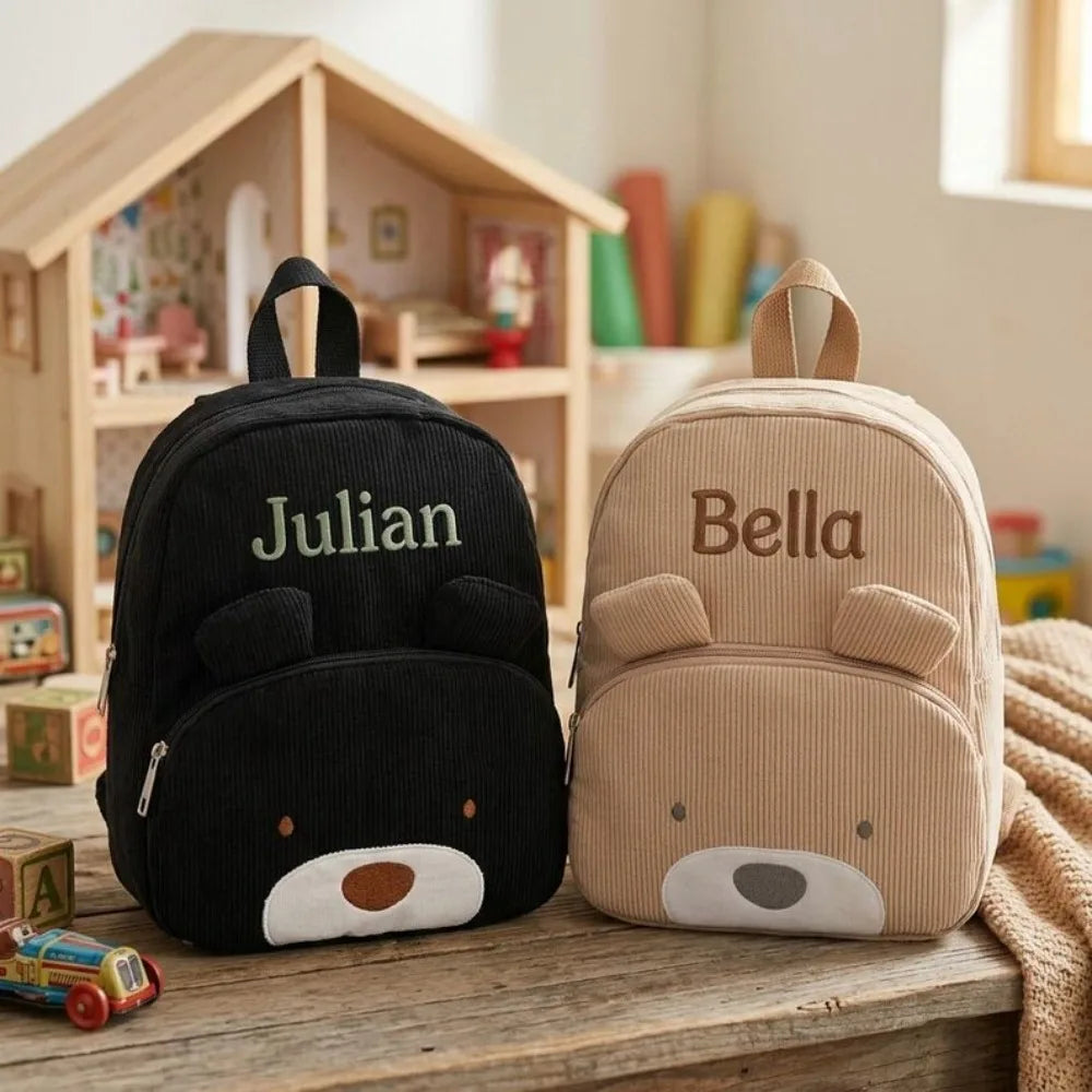 Customized Name Toddler Backpack Cartoon Bear Corduroy Large Capacity Backpack Embroidered Name Backpack Plush Bag