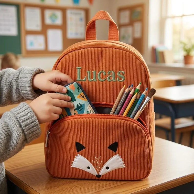 Customized Name Toddler Backpack Cartoon Bear Corduroy Large Capacity Backpack Embroidered Name Backpack Plush Bag