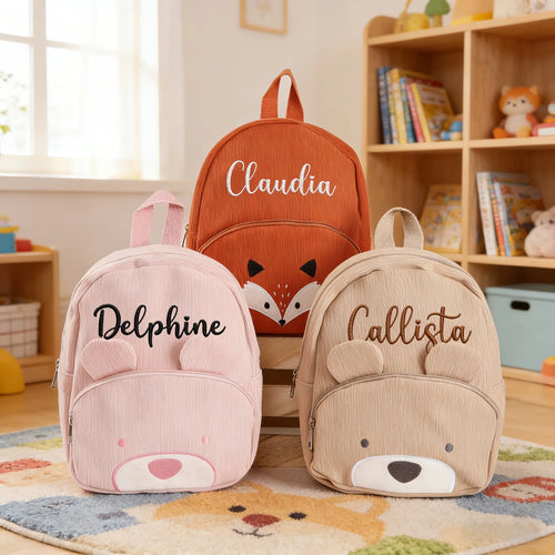 1pc Persoanlized Animal Backpack, Custom Name Embroidered Corduroy Bag for Toddler School Gift, Birthday Bear Fox Bag