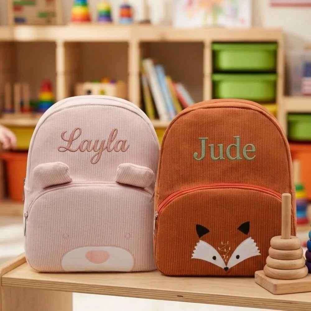 Customized Name Toddler Backpack Cartoon Bear Corduroy Large Capacity Backpack Embroidered Name Backpack Plush Bag