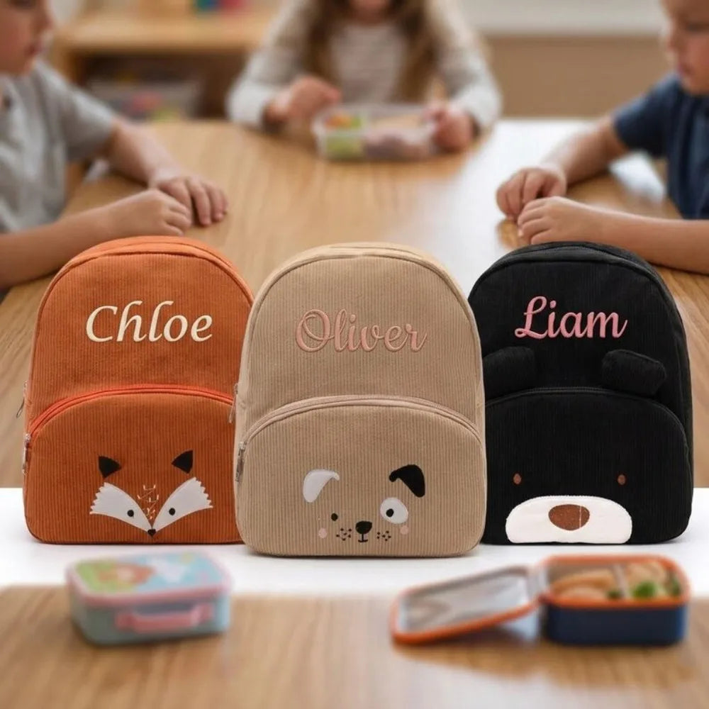 Customized Name Toddler Backpack Cartoon Bear Corduroy Large Capacity Backpack Embroidered Name Backpack Plush Bag