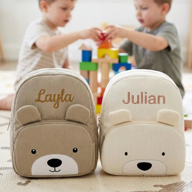 Customized Name Toddler Backpack Cartoon Bear Corduroy Large Capacity Backpack Embroidered Name Backpack Plush Bag