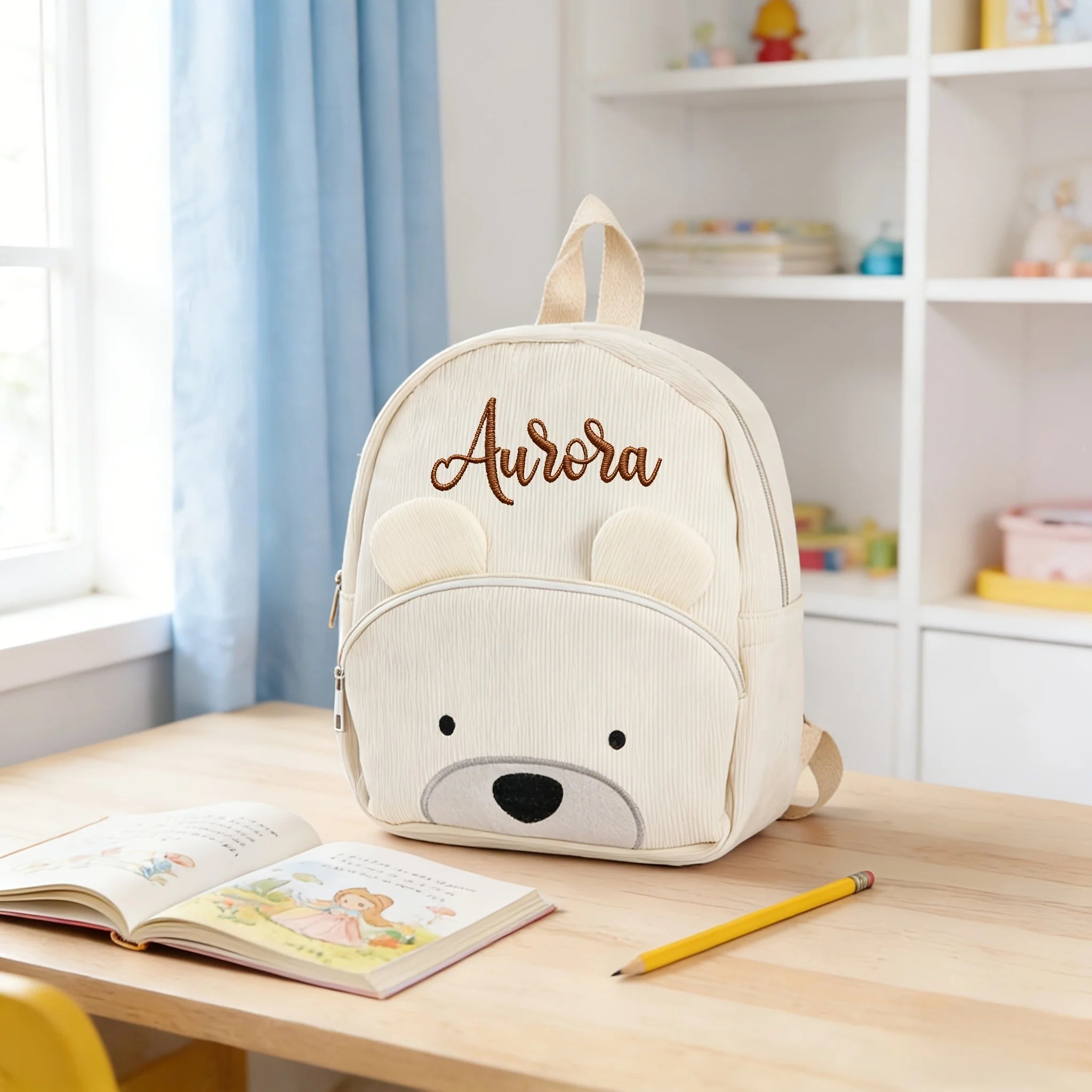 1pc Persoanlized Animal Backpack, Custom Name Embroidered Corduroy Bag for Toddler School Gift, Birthday Bear Fox Bag