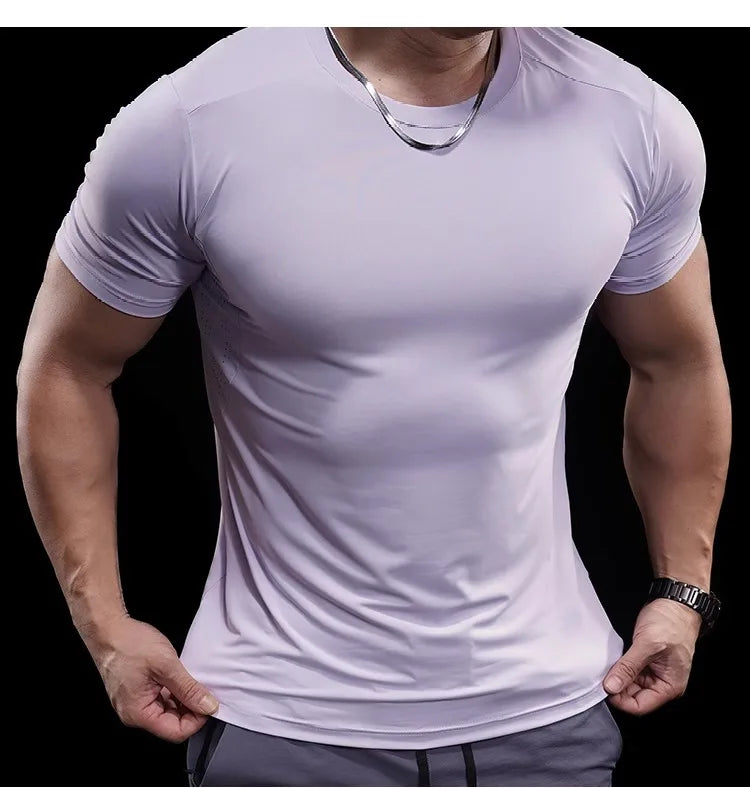 Summer New Basketball Men's Running Training Sports Gym Fitness High Elastic Quick-drying Casual Short-sleeved T-shirt Tops