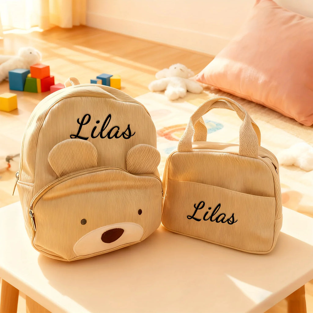 Customized Name Backpacks & Lunch Bag Embroidered Text Adorable Bear Schoolbag Portable for Boys & Girls Great for School Outdo
