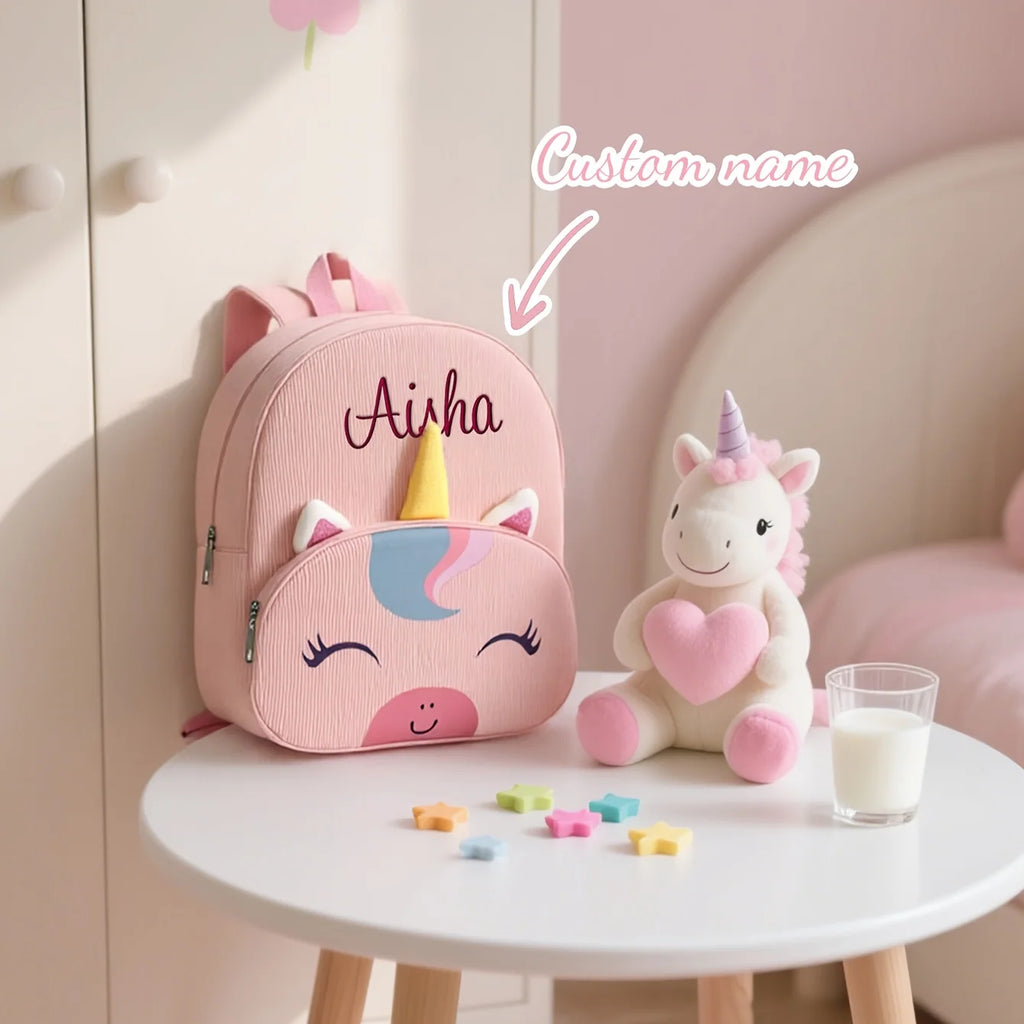Personalized Unicorn Kids Backpack | Cute Cartoon, Embroidered | Christmas Winter Gift | Toddler Kindergarten Bag