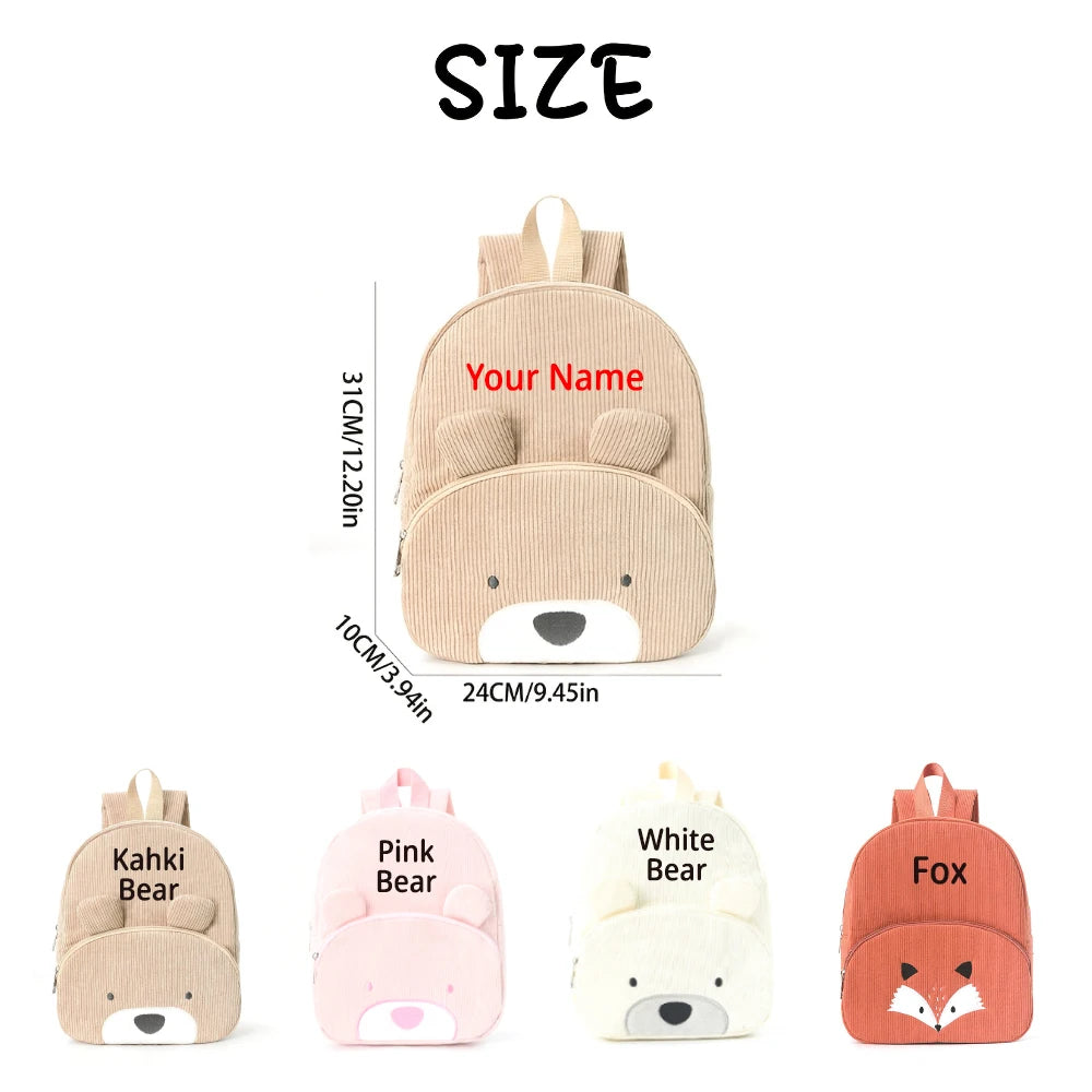1pc Persoanlized Animal Backpack, Custom Name Embroidered Corduroy Bag for Toddler School Gift, Birthday Bear Fox Bag