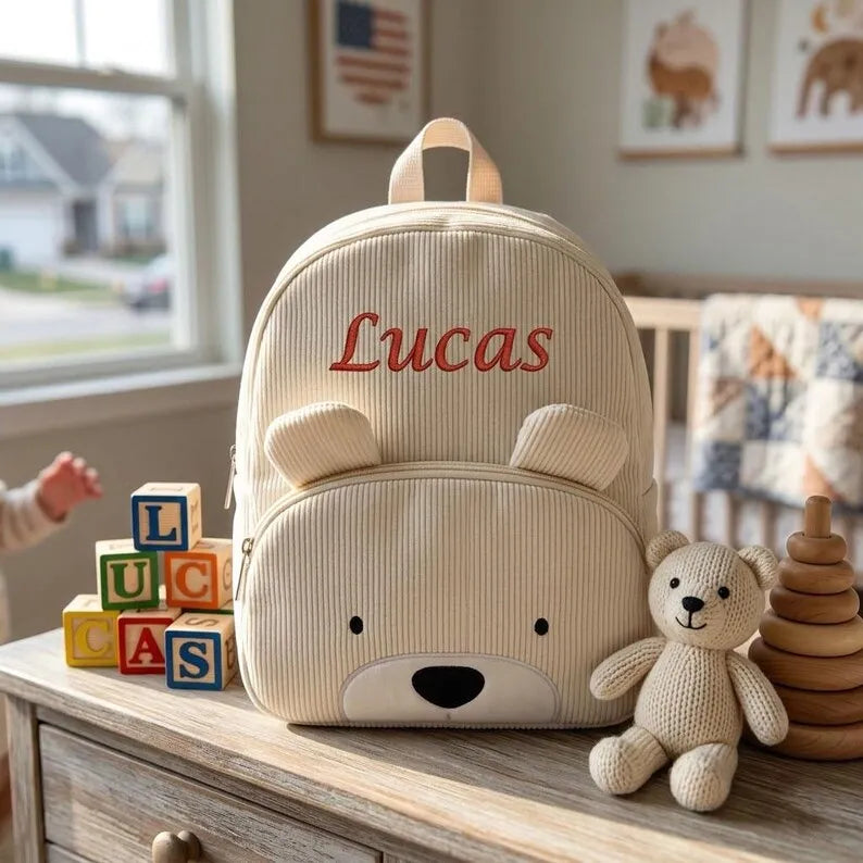 Customized Name Toddler Backpack Cartoon Bear Corduroy Large Capacity Backpack Embroidered Name Backpack Plush Bag