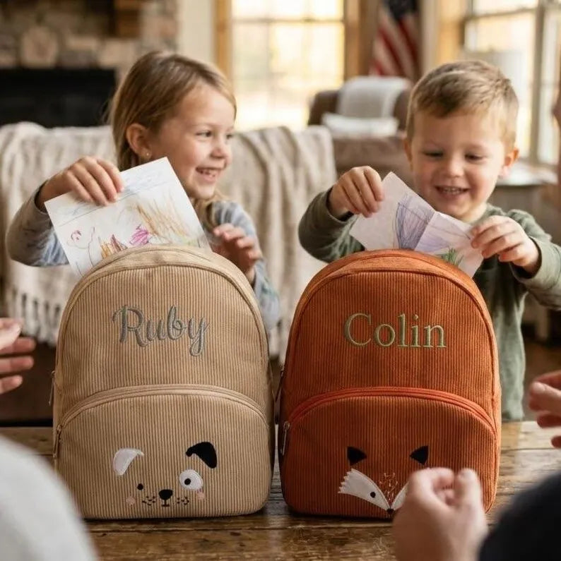 Customized Name Toddler Backpack Cartoon Bear Corduroy Large Capacity Backpack Embroidered Name Backpack Plush Bag