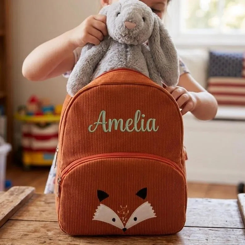 Customized Name Toddler Backpack Cartoon Bear Corduroy Large Capacity Backpack Embroidered Name Backpack Plush Bag