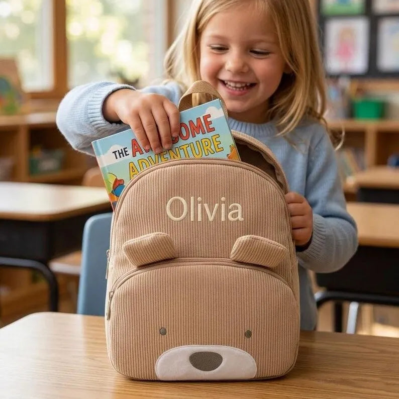 Customized Name Toddler Backpack Cartoon Bear Corduroy Large Capacity Backpack Embroidered Name Backpack Plush Bag