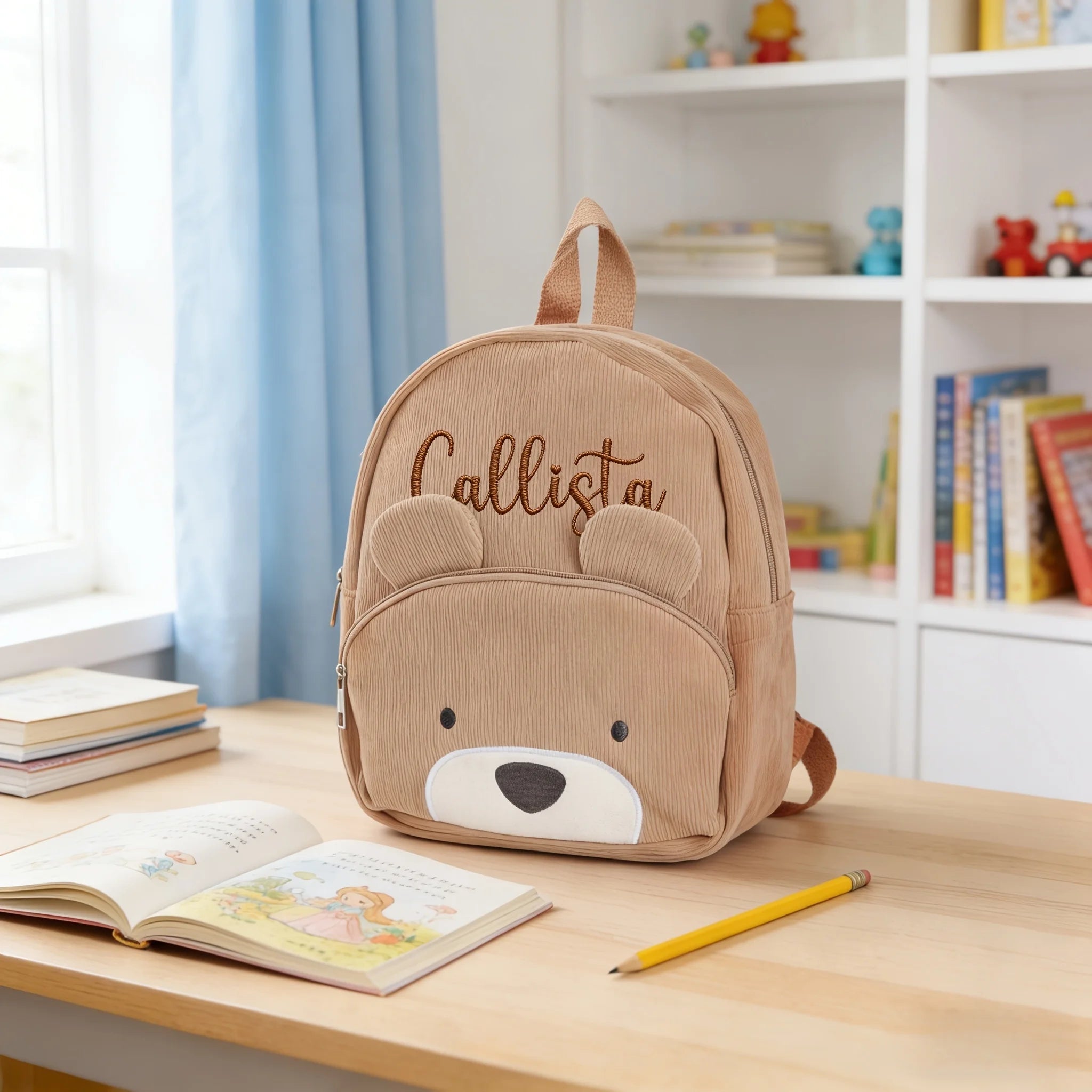 1pc Persoanlized Animal Backpack, Custom Name Embroidered Corduroy Bag for Toddler School Gift, Birthday Bear Fox Bag