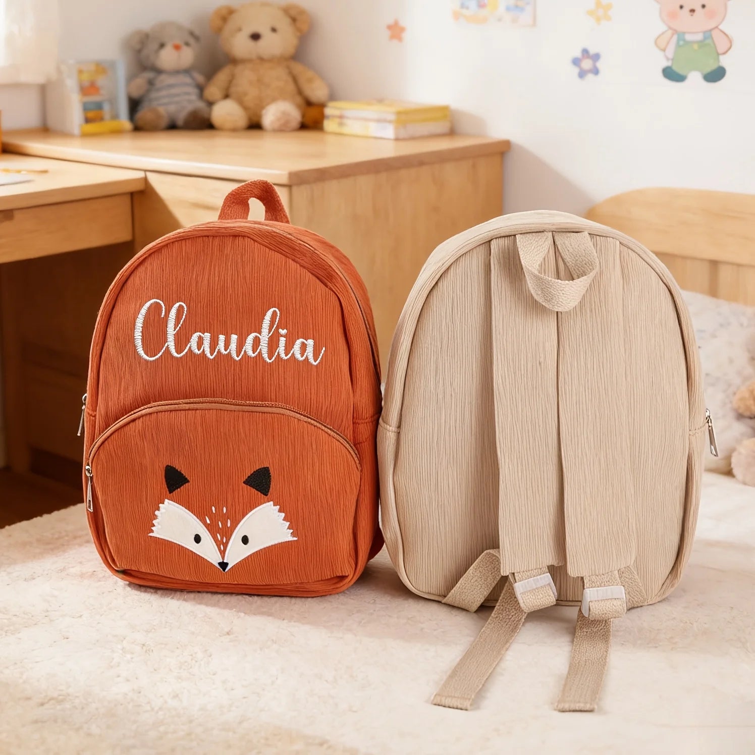 1pc Persoanlized Animal Backpack, Custom Name Embroidered Corduroy Bag for Toddler School Gift, Birthday Bear Fox Bag